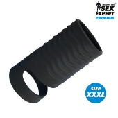 Черная открытая насадка на пенис с кольцом для мошонки XXXL-size - 9,9 см. - Sex Expert - в Омске купить с доставкой