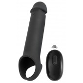 Черная вибронасадка для пениса с хомутом для мошонки и пультом ДУ Remote Controlled Penis Extension - Orion - в Омске купить с доставкой