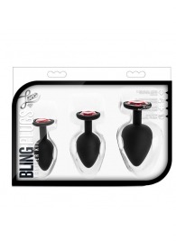 Набор черных анальных пробок с красным кристаллом-сердечком Bling Plugs Training Kit - Blush Novelties - купить с доставкой в Омске