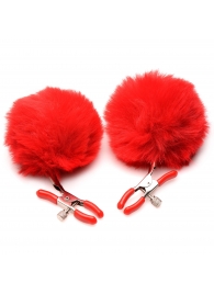 Красные зажимы на соски с помпонами Pom Pom - XR Brands - купить с доставкой в Омске