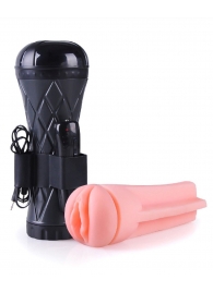 Телесный мастурбатор-вагина в черной колбе с вибрацией - Boys of Toys - в Омске купить с доставкой
