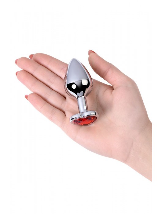 Серебристая коническая анальная пробка с красным кристаллом-сердечком - 7 см. - ToyFa - купить с доставкой в Омске