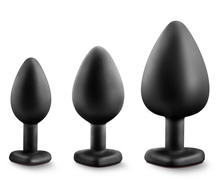 Набор черных анальных пробок с красным кристаллом-сердечком Bling Plugs Training Kit - Blush Novelties - купить с доставкой в Омске