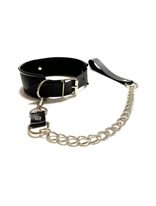 Черный ошейник с поводком из эко-кожи - БДСМ Арсенал - купить с доставкой в Омске