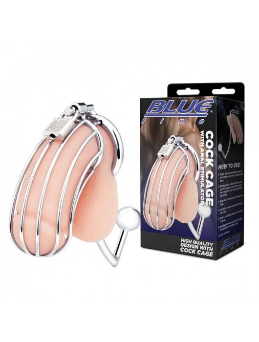 Серебристая металлическая клетка с анальным стимулятором Cock Cage - BlueLine - купить с доставкой в Омске