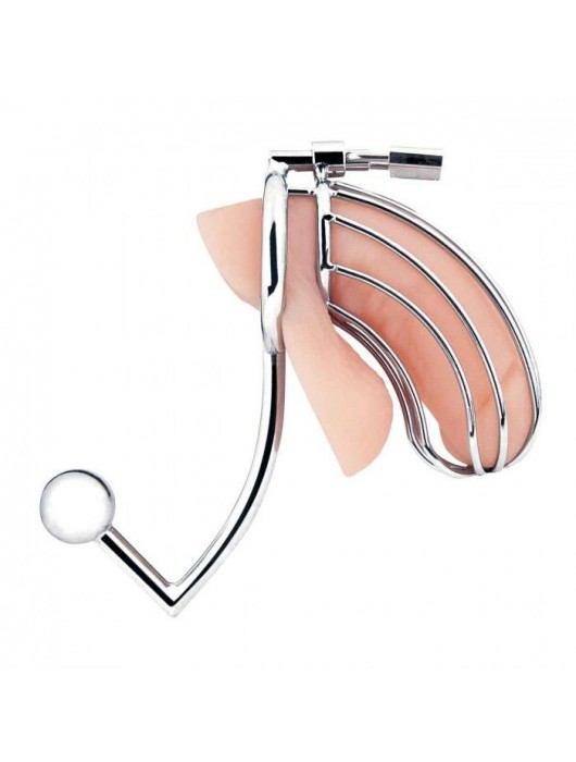 Серебристая металлическая клетка с анальным стимулятором Cock Cage - BlueLine - купить с доставкой в Омске