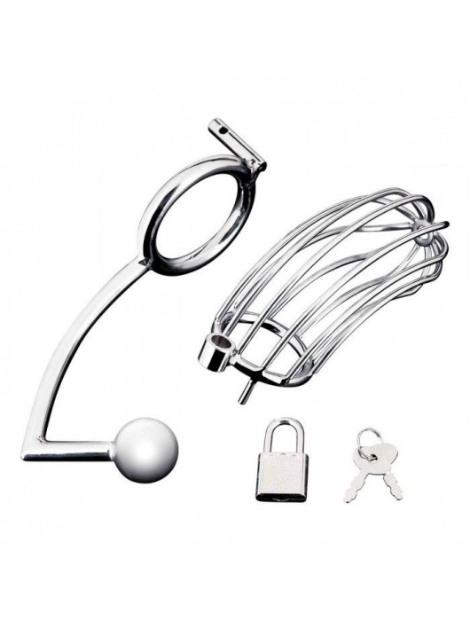 Серебристая металлическая клетка с анальным стимулятором Cock Cage - BlueLine - купить с доставкой в Омске