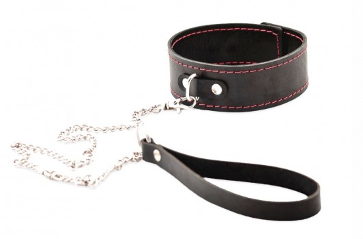 Черный широкий ошейник с красной строчкой и поводком - Crazy Handmade - купить с доставкой в Омске