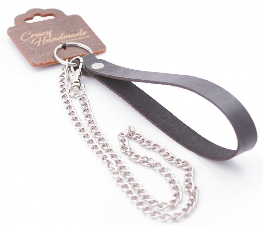 Серебристый металлический поводок с кожаной черной ручкой - 80 см. - Crazy Handmade - купить с доставкой в Омске