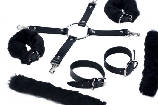 Черный набор для фиксации со съемными меховыми опушками - Лунный свет - купить с доставкой в Омске