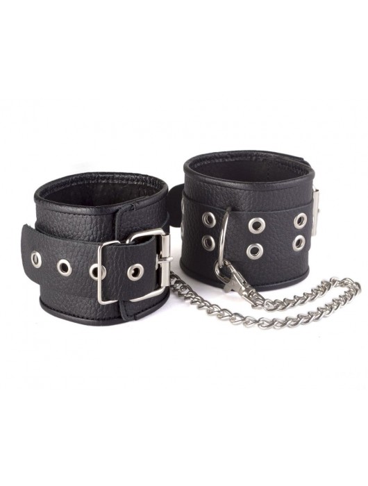 Кожаные черные оковы с широким ремешком, соединенные цепочкой - Sitabella - купить с доставкой в Омске