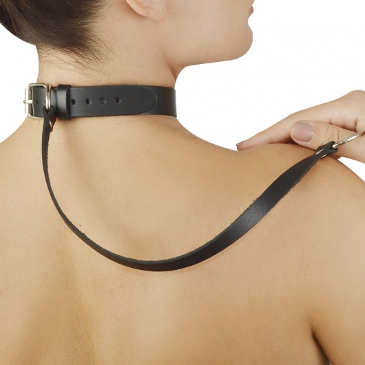 Черный меховой ошейник с кожаным поводком - Sitabella - купить с доставкой в Омске