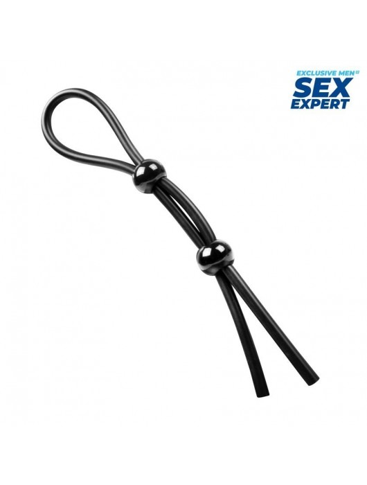 Черное силиконовое лассо с двумя шариками для утяжки - Sex Expert - в Омске купить с доставкой