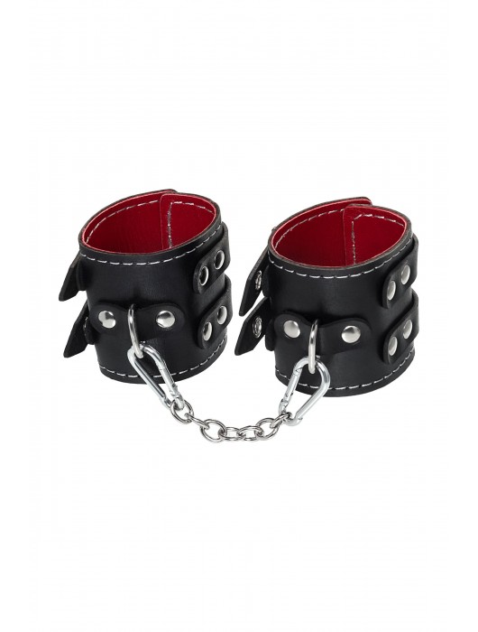 Черные кожаные наручники с двумя ремнями и красной подкладкой - Pecado - купить с доставкой в Омске