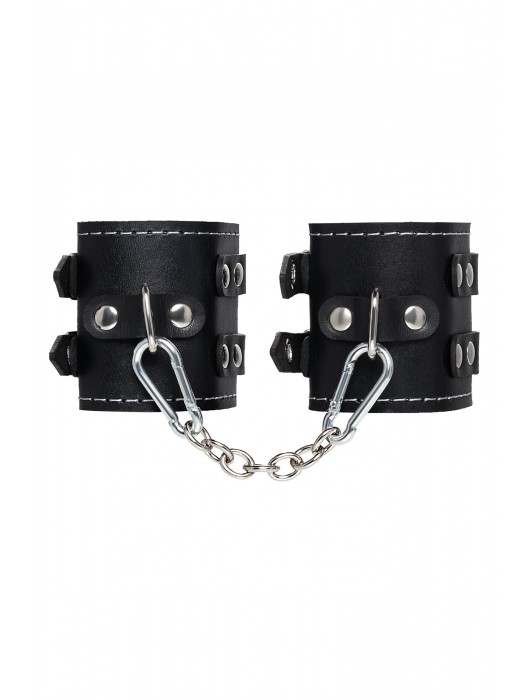 Черные кожаные наручники с двумя ремнями и красной подкладкой - Pecado - купить с доставкой в Омске