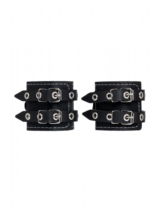 Черные кожаные наручники с двумя ремнями и красной подкладкой - Pecado - купить с доставкой в Омске