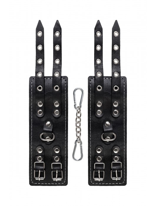 Черные кожаные наручники с двумя ремнями и красной подкладкой - Pecado - купить с доставкой в Омске