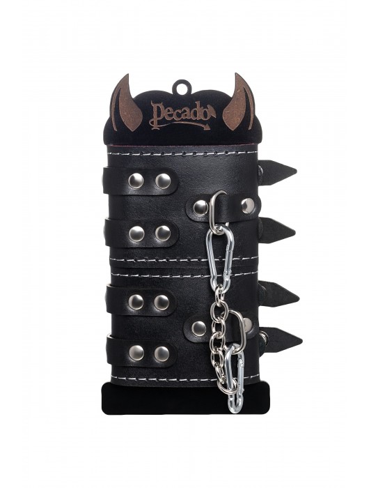 Черные кожаные наручники с двумя ремнями и красной подкладкой - Pecado - купить с доставкой в Омске