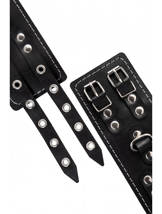 Черные кожаные наручники с двумя ремнями и красной подкладкой - Pecado - купить с доставкой в Омске
