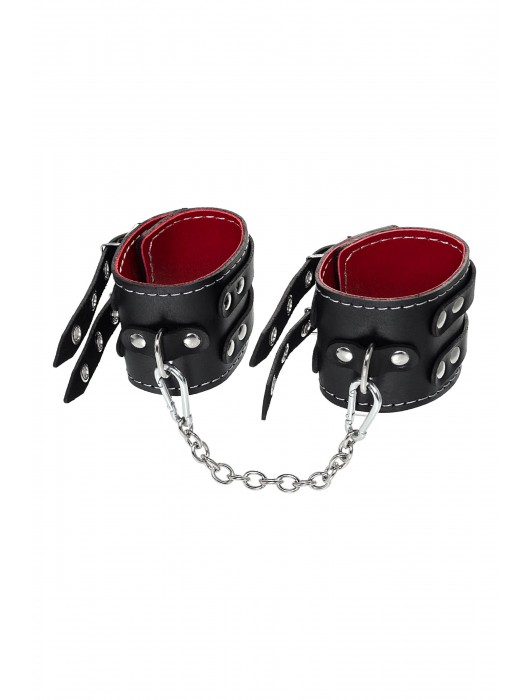 Черные кожаные оковы с двумя ремнями и красной подкладкой - Pecado - купить с доставкой в Омске