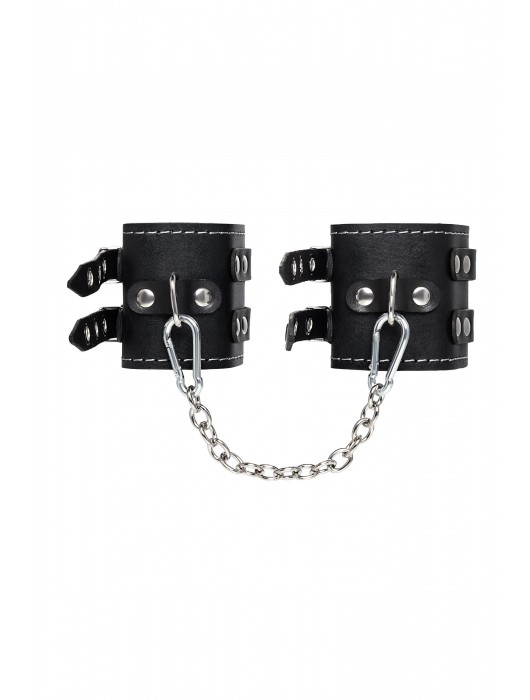Черные кожаные оковы с двумя ремнями и красной подкладкой - Pecado - купить с доставкой в Омске