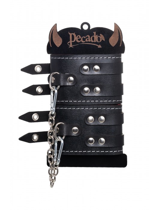Черные кожаные оковы с двумя ремнями и красной подкладкой - Pecado - купить с доставкой в Омске