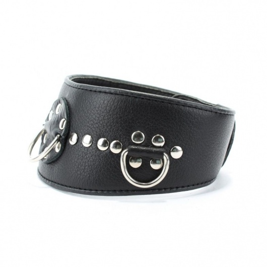 Чёрный кожаный ошейник с полукольцами и клёпками - БДСМ Арсенал - купить с доставкой в Омске