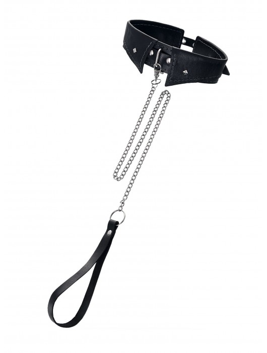 Черный кожаный ошейник-воротник с поводком - Pecado - купить с доставкой в Омске
