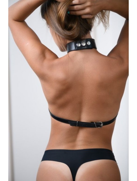 Черная кожаная сбруя с ошейником plus size из нежной кожи - БДСМ Арсенал - купить с доставкой в Омске