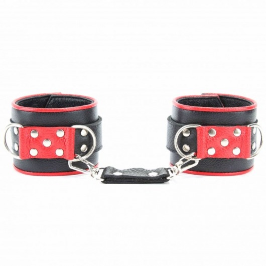 Широкие черные наручники с красным декором - БДСМ Арсенал - купить с доставкой в Омске