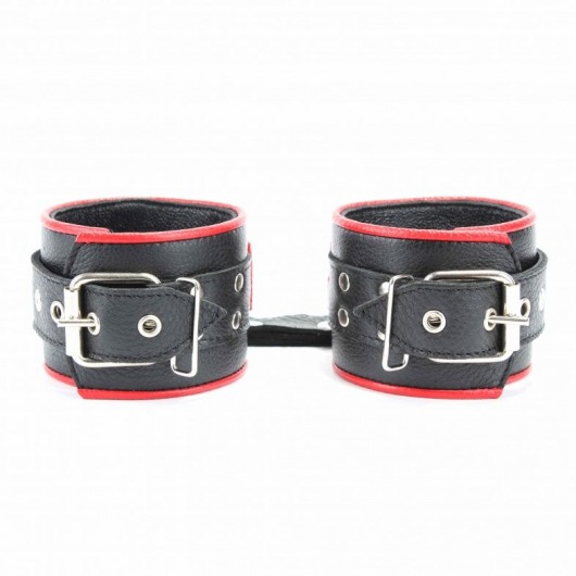 Широкие черные наручники с красным декором - БДСМ Арсенал - купить с доставкой в Омске