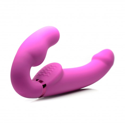 Розовый безремневой страпон с вибрацией и функцией расширения Inflatable Ergo-Fit Strapless Strap-On - XR Brands - купить с доставкой в Омске