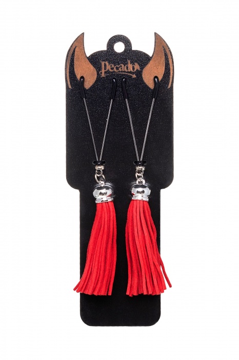 Зажимы на соски «Вилки» с красными кисточками из замши - Pecado - купить с доставкой в Омске