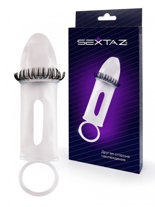 Закрытая насадка на пенис с подхватом мошонки и стимулирующими «ресничками» - Sextaz - в Омске купить с доставкой