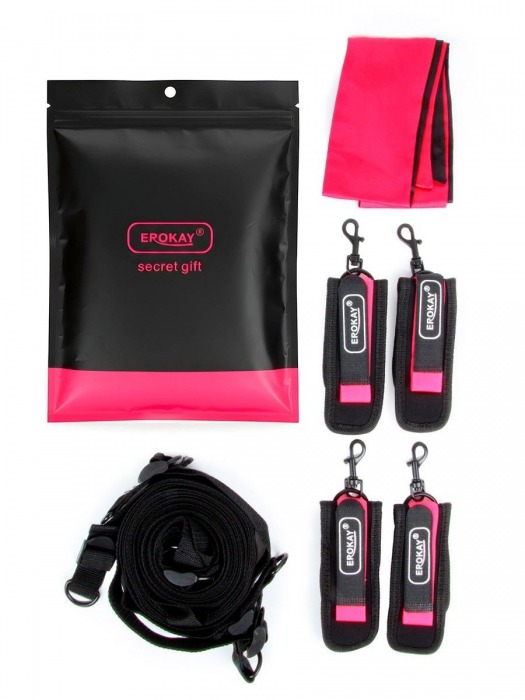 Черно-розовый эротический набор: фиксатор, оковы, наручники, повязка - Erokay - купить с доставкой в Омске