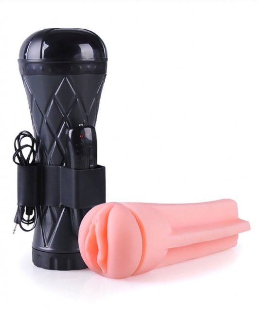 Телесный мастурбатор-вагина в черной колбе с вибрацией - Boys of Toys - в Омске купить с доставкой