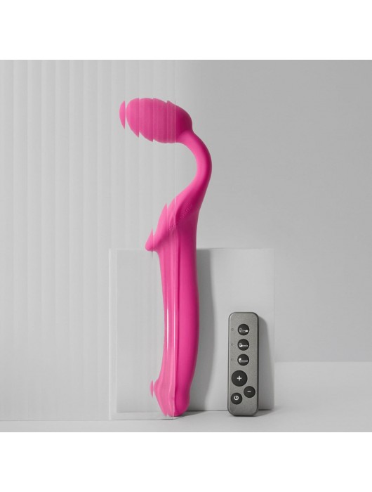 Ярко-розовый безремневой страпон Strap-on-me Vibrating Bendable Strap-On size M - Strap-on-me - купить с доставкой в Омске