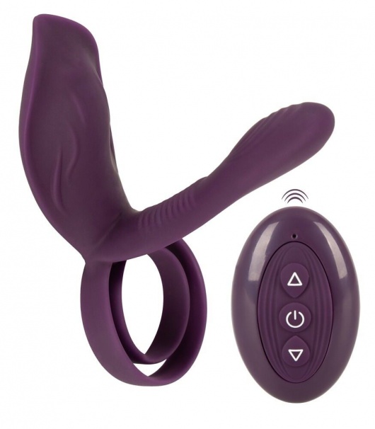 Фиолетовая насадка на член с клиторальным отростком и пультом ДУ RC Couple’s Vibrator 2 - Orion - в Омске купить с доставкой